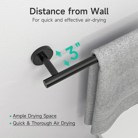 Must Have Matte Black Bathroom Accessories Set 16 Inch Hand Towel Bar Wall Mounted 4 Piece with Toilet Paper Holder and Two Robe Hooks Durable SUS304 Stainless Steel Hardware, showing towel bar with 3 inch wall distance for air drying.