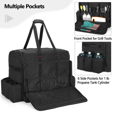 Camp Oven Carry Bag For Camp Chef Stove Combo And Hike Crew Outdoor Gas Camping Oven, black with multiple pockets and handles.
