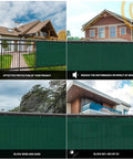 Privacy Fence Screen 6 Ft By 50 Ft Dark Green HDPE Mesh Shade Net shown on outdoor fences surrounding houses, trees, and deck areas.