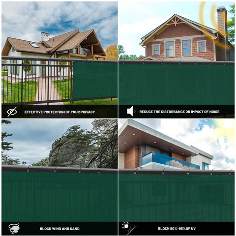 Privacy Fence Screen 6 Ft By 50 Ft Dark Green HDPE Mesh Shade Net shown on outdoor fences surrounding houses, trees, and deck areas.
