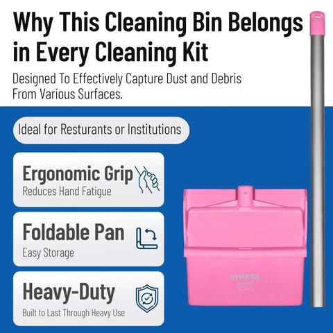 Straight Up Heavy Duty Standing Floor Dustpan With Thirty Inch Aluminum Handle And Serrated Comb Edge For Total No Sweat Commercial Cleanup And Daily Facility Sweeping Pink with ergonomic grip design.