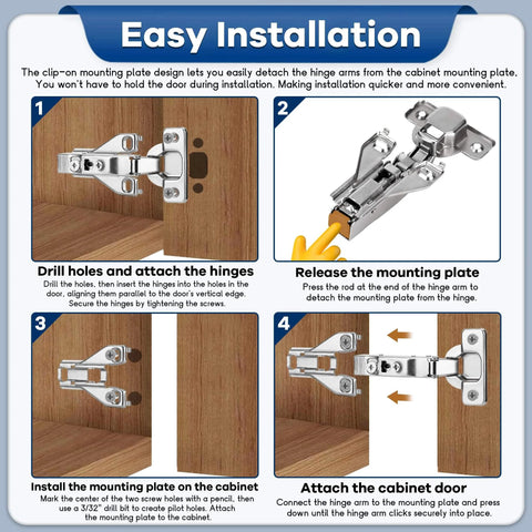 Instruction guide for installing 40 Pack Three Quarter Inch Full Overlay Face Frame Soft Close Hidden Cabinet Hinges With Screws
