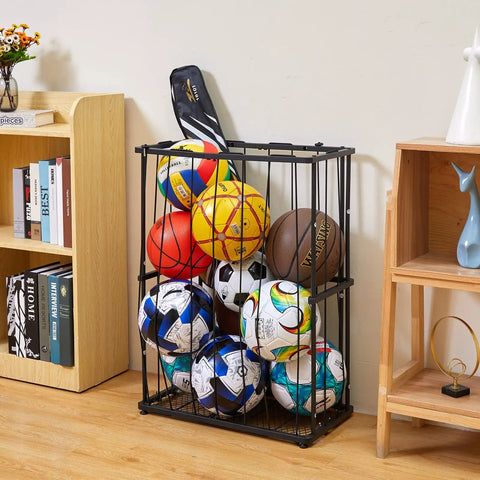 Heavy Duty Garage Ball Storage Rack With No Fuss Elastic Strap Wall Mount Or Floor Stand Option For Basketball Soccer Football Volleyball Gear In Matte Black