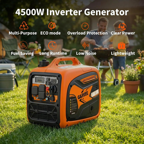 4500-Watts Portable Inverter Generator For Home, Camping And RV Use on grass with family in background, RV Ready