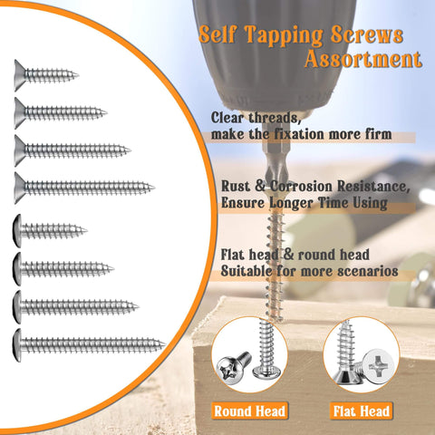 All In One 1200 Pc Stainless Steel Wood And Sheet Metal Screws Set M3 M4 M5 M6 Phillips Drive Flat And Pan Head Self Tapping Marine Grade 304 From One Quarter Inch To Two Inches Length, showing assortment of round and flat head screws on wooden surface.