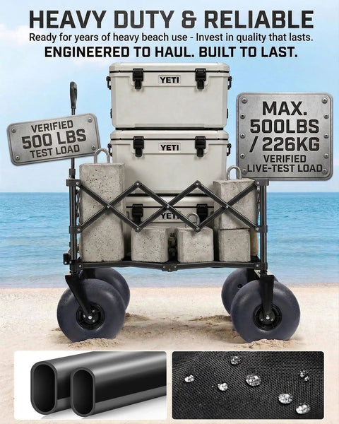 Beach Wagon With 12 Inch Balloon Wheels And Upgraded PU Tires, Collapsible 500Lb Capacity Sand Cart For Family Outings
