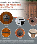 Handmade iron hardware display including black ring pull, brackets, and clavos on wooden doors for a rustic charm