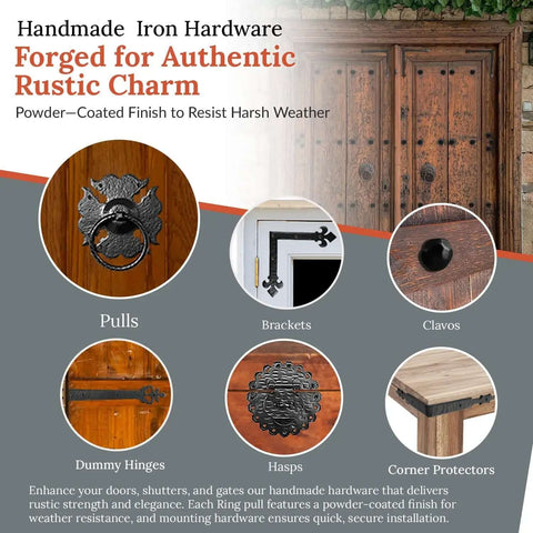 Handmade iron hardware display including black ring pull, brackets, and clavos on wooden doors for a rustic charm