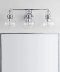 Chrome Three Light Bathroom Vanity Light With Clear Seeded Glass Shades, Metal Wall Sconce, Modern Transitional Farmhouse Style, LED Bulbs Included, 24 Inch Wide Bath Fixture For Quick Upgrades