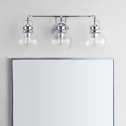Chrome Three Light Bathroom Vanity Light With Clear Seeded Glass Shades, Metal Wall Sconce, Modern Transitional Farmhouse Style, LED Bulbs Included, 24 Inch Wide Bath Fixture For Quick Upgrades