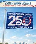 Patriotic Outdoor Flag Commemorating the USA 250th Anniversary with city skyline, reads God Bless America on blue sky background.