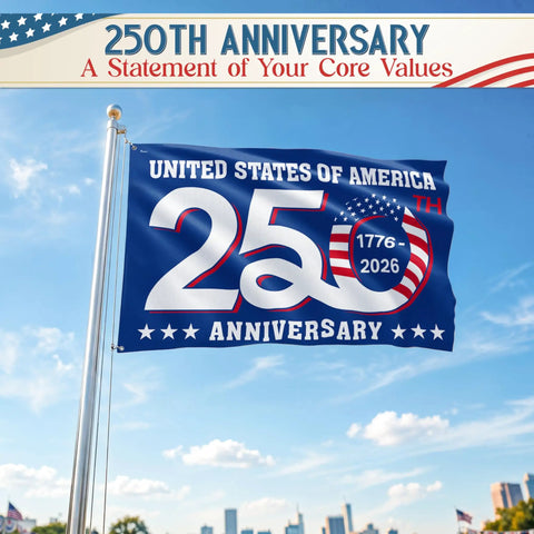 Patriotic Outdoor Flag Commemorating the USA 250th Anniversary with city skyline, reads God Bless America on blue sky background.