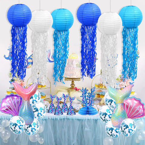 Colorful Mermaid Jellyfish Paper Lanterns Hanging Set For Under The Sea Theme Parties, Ocean Party Decor, Birthday Decorations