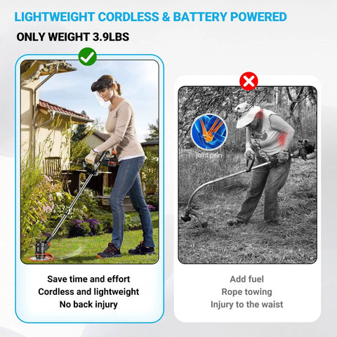 Comparison: Cordless Weed Wacker With 21V Power shows lightweight, easy handling vs traditional gas model with joint strain.