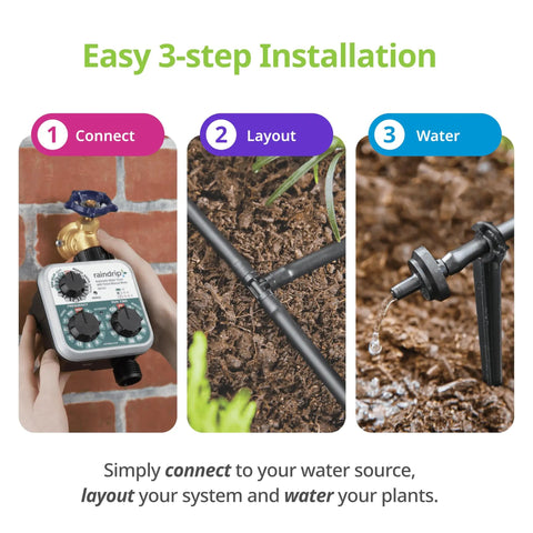 Installation steps for No Fuss Drip Watering System With Timer For Containers And Hanging Baskets, drip irrigation setup