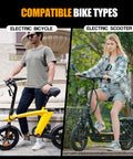 Man on electric bike and woman on electric scooter with heavy duty 14x2.125 inner tubes for electric bikes and scooters.