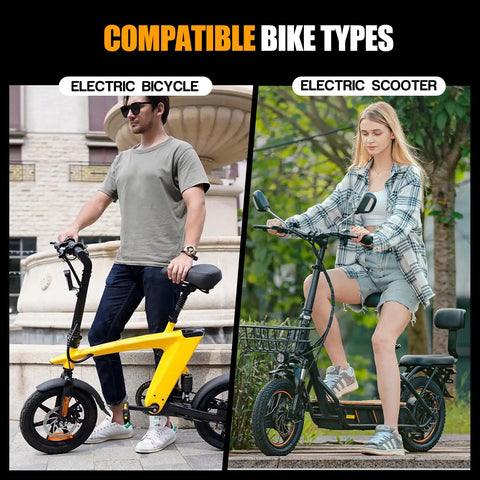 Man on electric bike and woman on electric scooter with heavy duty 14x2.125 inner tubes for electric bikes and scooters.