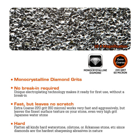 SHARPAL 145H diamond lapping plate surface; 10x magnification close-up of monocrystalline diamond grit, extra coarse 220 grit.