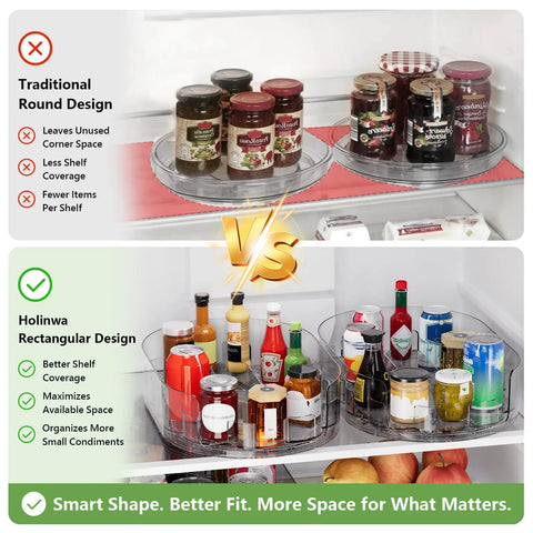 Smooth Spin Rectangular Lazy Susan Turntable Keeps Your Kitchen Super Slick And Totally Stress Free For Fridge Condiments Spices Pantry Jars And Countertop Organization Without Any Fuss comparison of traditional and rectangular design in fridge