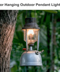 Old-fashioned metal lantern hung on a tree branch outdoors, glowing warmly in the evening, ideal for garden or patio use.