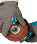 Gloved hand adjusting wheel on Beast Mode Brushless 18V LXT Cordless Angle Grinder With X LOCK Four And A Half Inch And Five Inch Wheel Tool Only Renewed Fast Cutting Power Cool Running Motor High Torque For Pros.