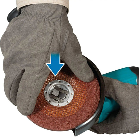 Gloved hand adjusting wheel on Beast Mode Brushless 18V LXT Cordless Angle Grinder With X LOCK Four And A Half Inch And Five Inch Wheel Tool Only Renewed Fast Cutting Power Cool Running Motor High Torque For Pros.