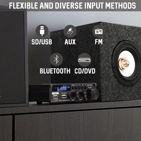 Dope Little Power Amplifier For Home Audio With 2 Channel Bluetooth 300W Max Output Compact USB RCA FM AUX Receiver Five Point Zero Wireless