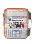 Front view of Amazon 24/7 First Aid Multi-Purpose First Aid Kit in clear plastic case with orange latches, 336 pieces
