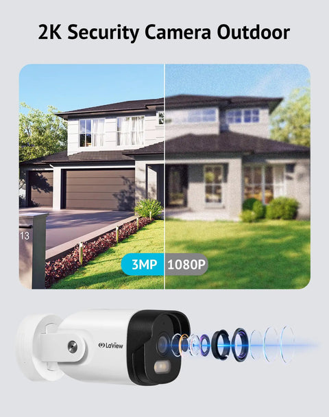 2K Outdoor Security Camera With Color Night Vision, 3MP Wired Network Camera demonstrating HD vs 1080p clarity on a house