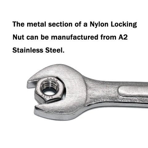 No Sweat 1/4-20 Nylon Insert Hex Lock Nuts 18-8 Stainless Steel Hardware Bulk Pack showing A2 stainless steel with wrench.