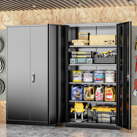 Heavy Duty Metal Storage Cabinet With Adjustable Shelves For Garage Home Office Kitchen Pantry And File Storage Lockable Doors Built Tough In Solid Steel 72 Inches Tall Black displaying organized tools and supplies inside
