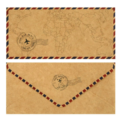 Air mail envelopes with world map design from 48 Pack Letter Writing Stationery Paper And Envelopes Set With Vintage Travel Design.