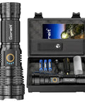 Rechargeable LED Flashlight 20,000 Lumens XHP70.2 Beam with kit, batteries, and accessories in black case
