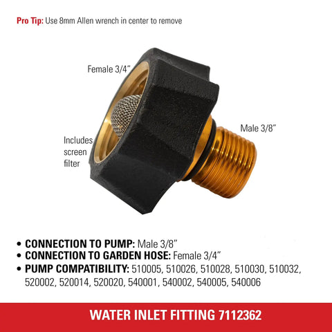 Water Inlet Fitting For Pressure Washer Pumps Heavy Duty Replacement Part with 3/8 inch male, 3/4 inch female ends and screen filter
