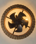 20" Boho Ceiling Fan with Light, Rattan Caged Ceiling Fan with Remote, top view showcasing woven rattan and black fan blades.