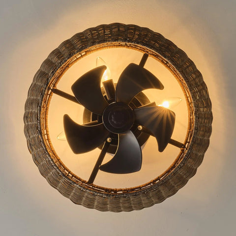 20" Boho Ceiling Fan with Light, Rattan Caged Ceiling Fan with Remote, top view showcasing woven rattan and black fan blades.