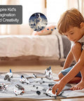 6 In 1 Solar Robot Building Kit For Kids Aged 8 To 13 That Lets Them Build Six Dope Robots, A Fun STEM Toy For Hands On Science, Perfect Birthday Gift For Boys And Girls. Child builds six white plastic solar robot models on the floor.