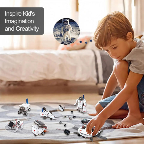 6 In 1 Solar Robot Building Kit For Kids Aged 8 To 13 That Lets Them Build Six Dope Robots, A Fun STEM Toy For Hands On Science, Perfect Birthday Gift For Boys And Girls. Child builds six white plastic solar robot models on the floor.