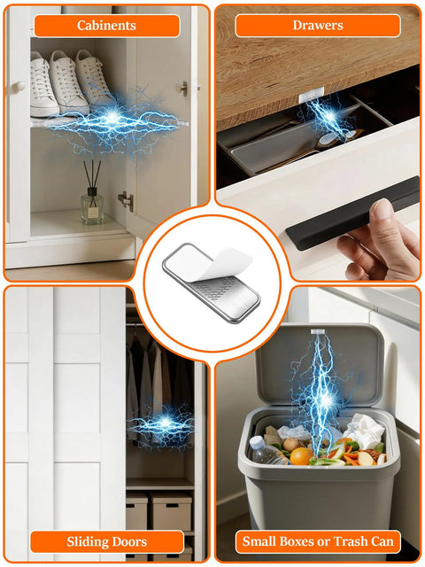Super Strong Tio Bohem Ultra Thin Magnetic Cabinet Door Catch With No Drill Tool Free Adhesive Stainless Steel Latch for cabinets, drawers, and trash cans.