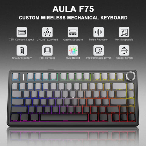 Top Notch 75 Percent Wireless Mechanical Keyboard Featuring Gasket Mount Build Hot Swappable Switches Tri Mode Bluetooth Connectivity.