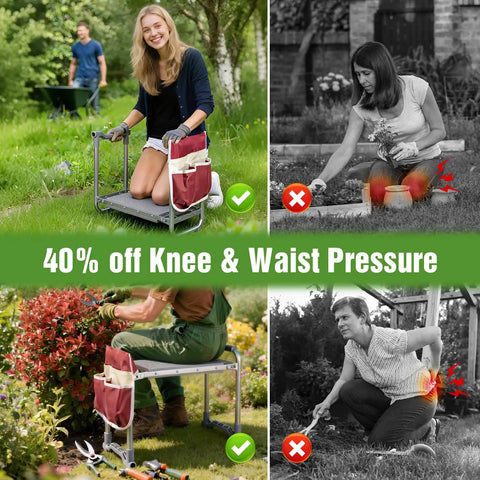 Image showing a 2 In 1 Garden Kneeler And Seat With Thick Soft Pad And Tool Bag Foldable Portable Gardening Stool for weeding and planting.