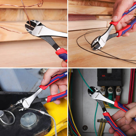 WORKPRO 8-inch high-leverage diagonal pliers with red/blue grips cutting wire