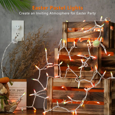 Easter String Lights 33Ft 150 Count Pastel Incandescent Mini Fairy Lights UL Certified 120V draped on wooden crates