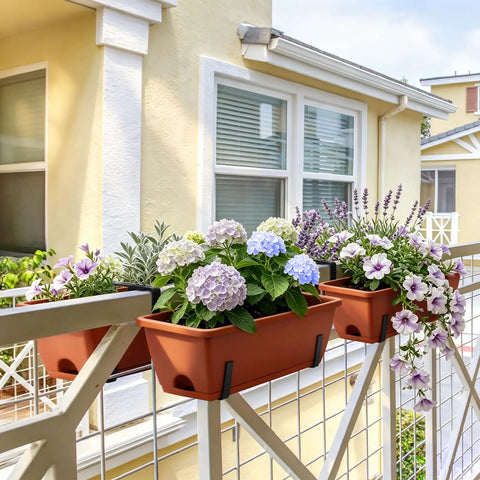 Straight Up Level Up Your Porch With These Four Pack Railing Planter Boxes Featuring Double Sided Adjustable Brackets For No Sweat Setup And Growing Fresh Herbs Or Vibrant Blooms Anytime You Want To Relax, showing flowers in brown planters.