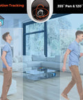 Home Monitoring Camera With Crystal Clear Full HD Video, Pan And Tilt, Color Night Vision, Motion Tracking illustration in living room.
