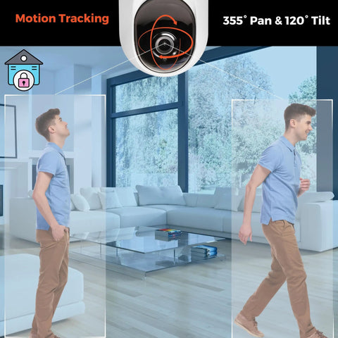 Home Monitoring Camera With Crystal Clear Full HD Video, Pan And Tilt, Color Night Vision, Motion Tracking illustration in living room.