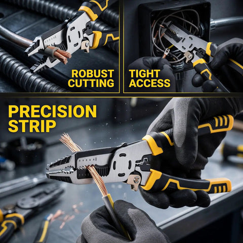 Awesome 2 Piece Wire Stripper Set With Crimping Tool And Cutter CR-V Steel Multi Function Electrician Pliers with yellow anti-slip handles in use.
