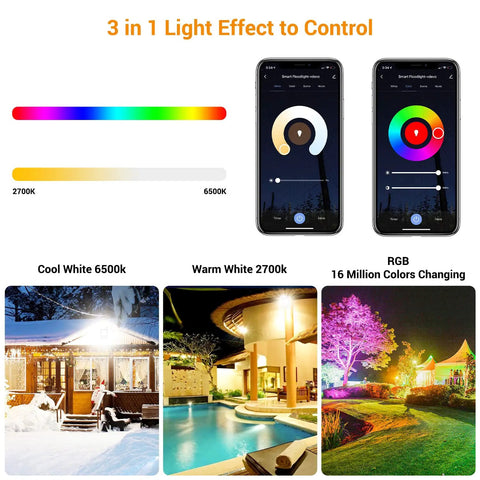 Control interface of 4 Pack Smart LED Flood Lights 20W RGBCW Color Changing Outdoor Flood Lights 2700K To 6500K IP65 Waterproof with apps.