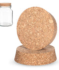 Two Pack Cork Bottle Stoppers Set For Jars And Glass Bottles, Tapered Natural Wood Lids, 3 Inch Top, 2.76 Inch Base, 0.78 Inch Thick, Replacement Cork Plugs For Artsy DIY Crafts, image showing two cork stoppers and a glass jar with a cork lid.