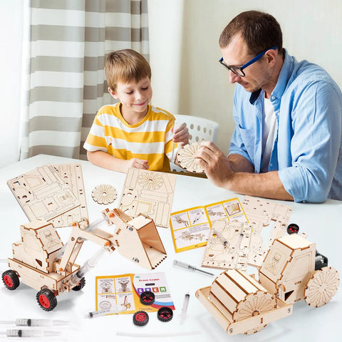 Child and adult assembling 4 In 1 Wood Building STEM Kit For Kids 8 To 12 With Tower Crane Hydraulic Loader Solar Truck and Road Roller
